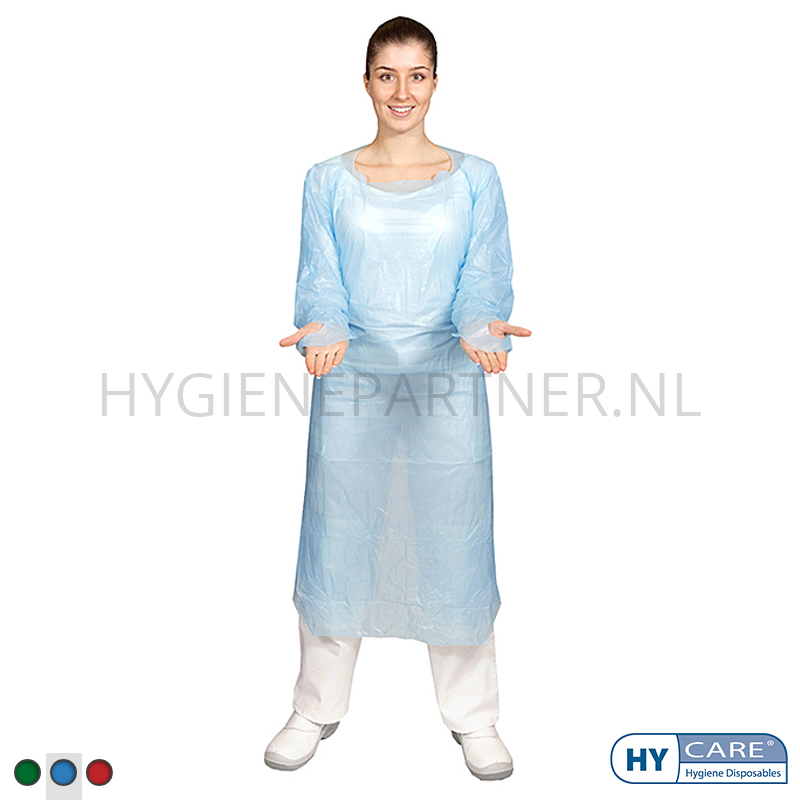 DI251018-30 Hycare disposable schort lange mouw CPE geruwd 30 mu polyethyleen 118x190 cm blauw